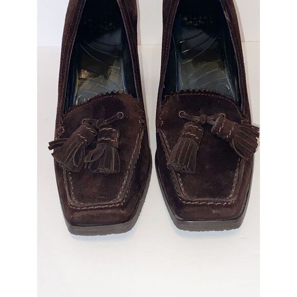 Stuart Weitzman Wedge Loafer Heel Suede Tassel Size 7 Classic Brown Y2K Retro - Picture 3 of 16